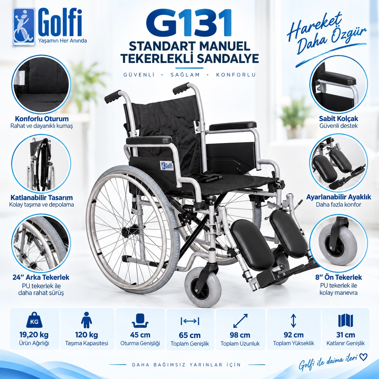 G131 Ayak Kalkar Manuel Tekerlekli Sandalye