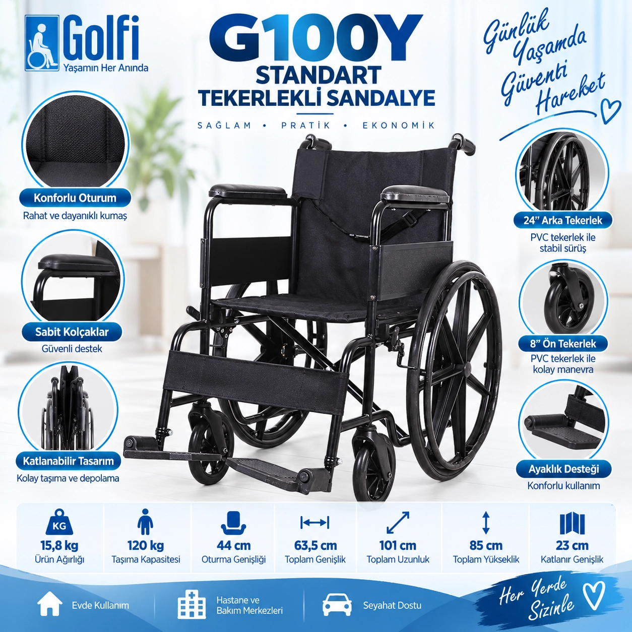 Golfi G100Y Ekonomik Manuel Tekerlekli Sandalye