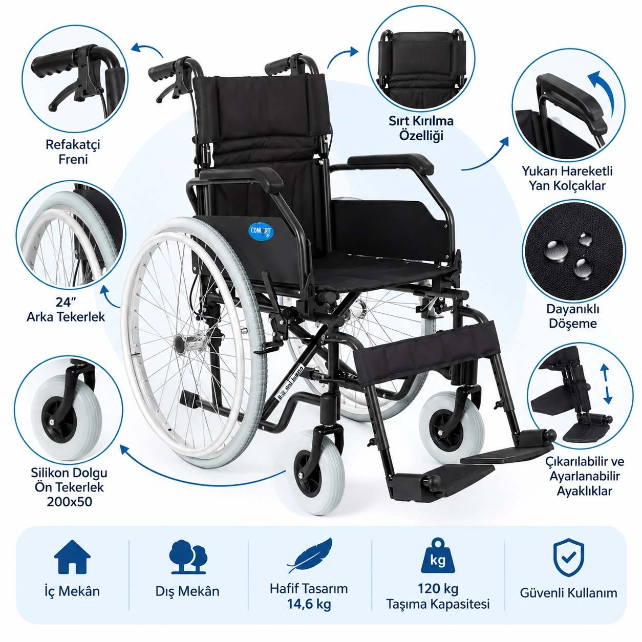 Comfort Plus DM-321 40cm Hafif Alüminyum Tekerlekli Sandalye