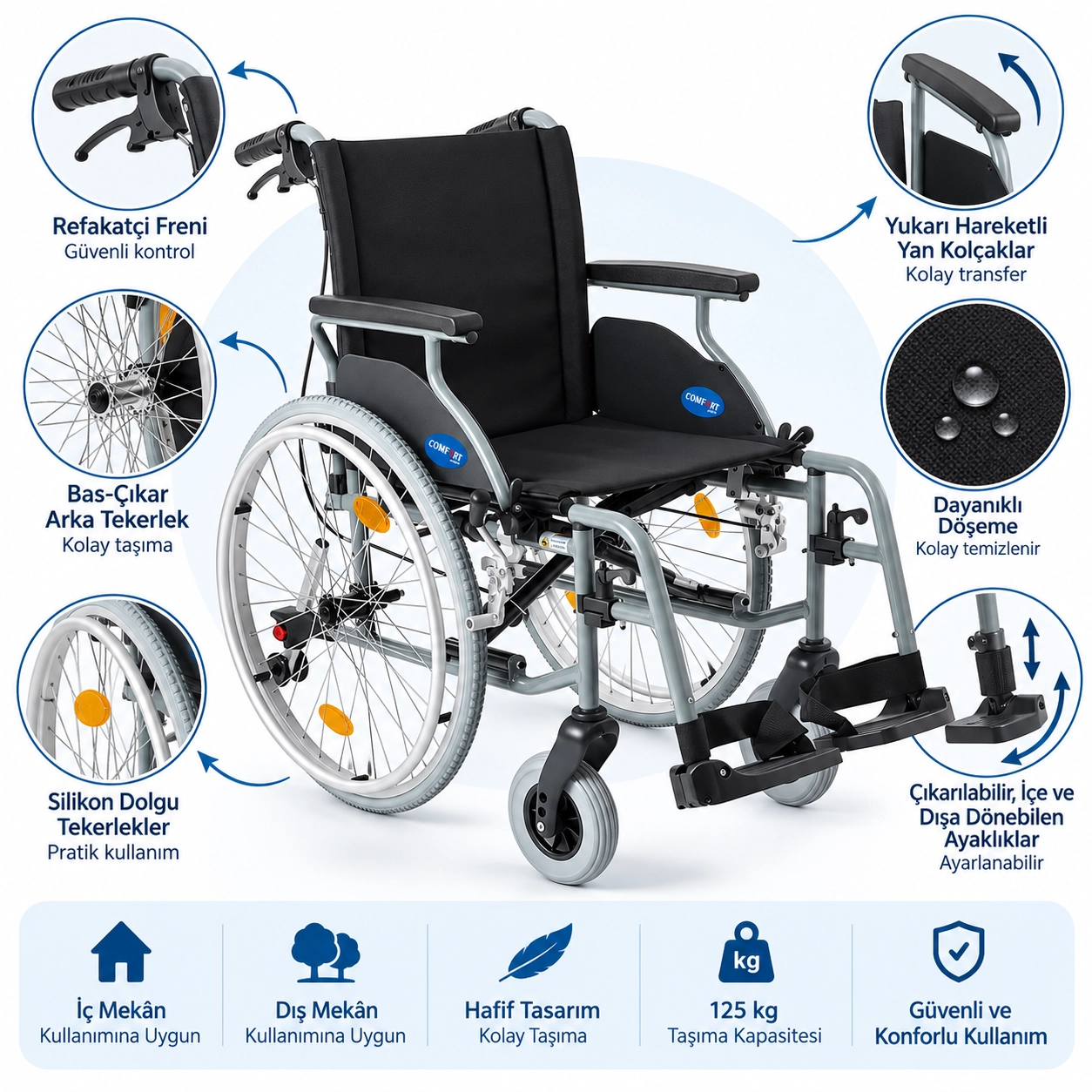 Comfort Plus DM-317 45cm Hafif Alüminyum Özellikli Tekerlekli Sandalye
