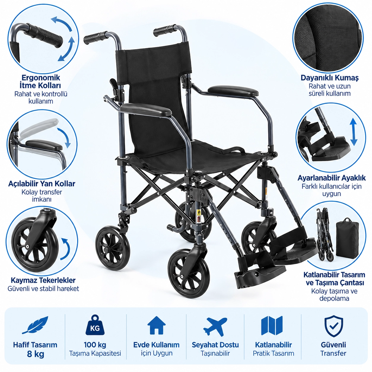 Comfort Plus DM-304 Transfer Portatif Tekerlekli Sandalye (Taşıma Çantalı)