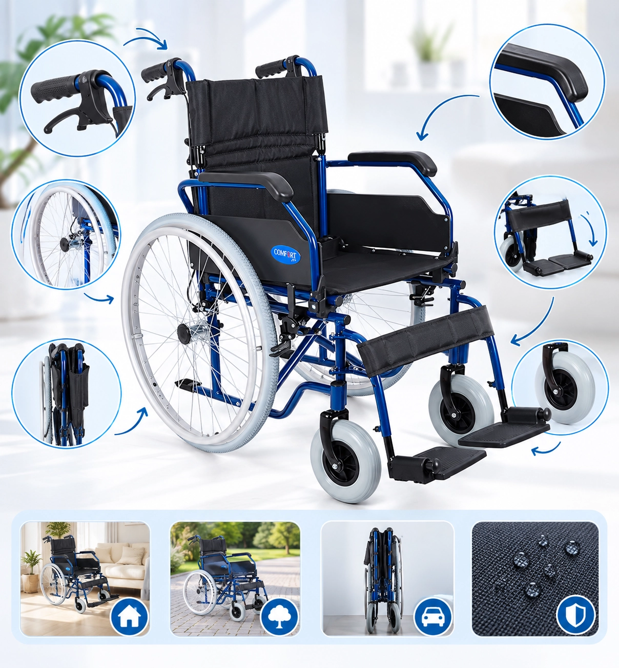 Comfort Plus DM-321 45cm Lacivert Alüminyum Özellikli Tekerlekli Sandalye