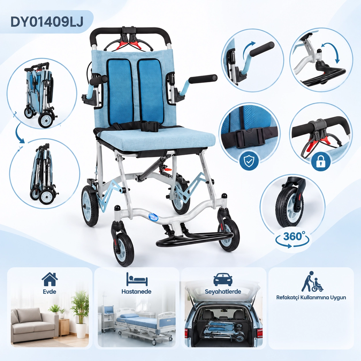Comfort Plus DY01409LJ Mavi Transfer Tekerlekli Sandalye