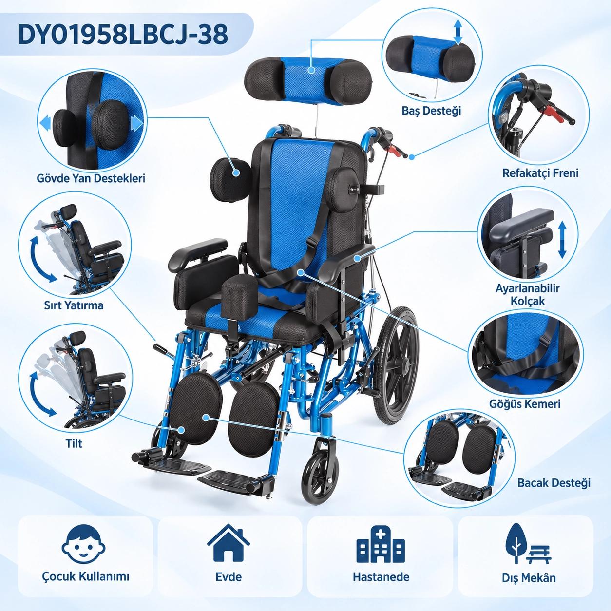 Comfort PLUS DY01958LBCJ-38 CP Özellikli Pediatrik Tekerlekli Sandalye