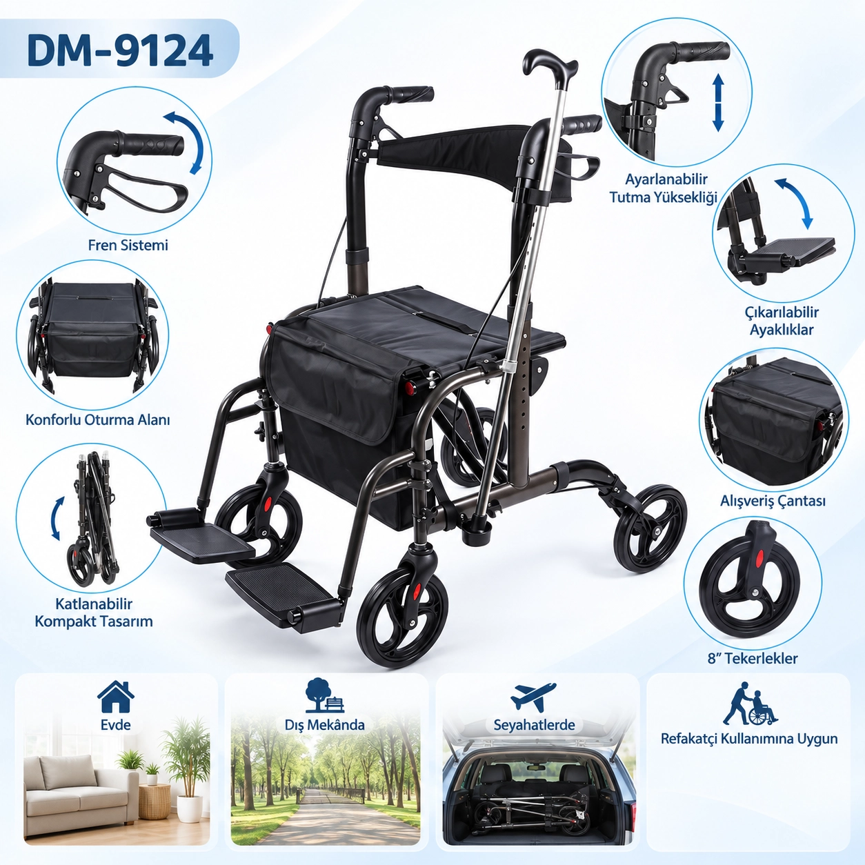 Comfort Plus DM-9124 Lüx Ayak Pedallı Alüminyum Rolatör (Hem Rolatör Hem Tekerlekli Sandalye)