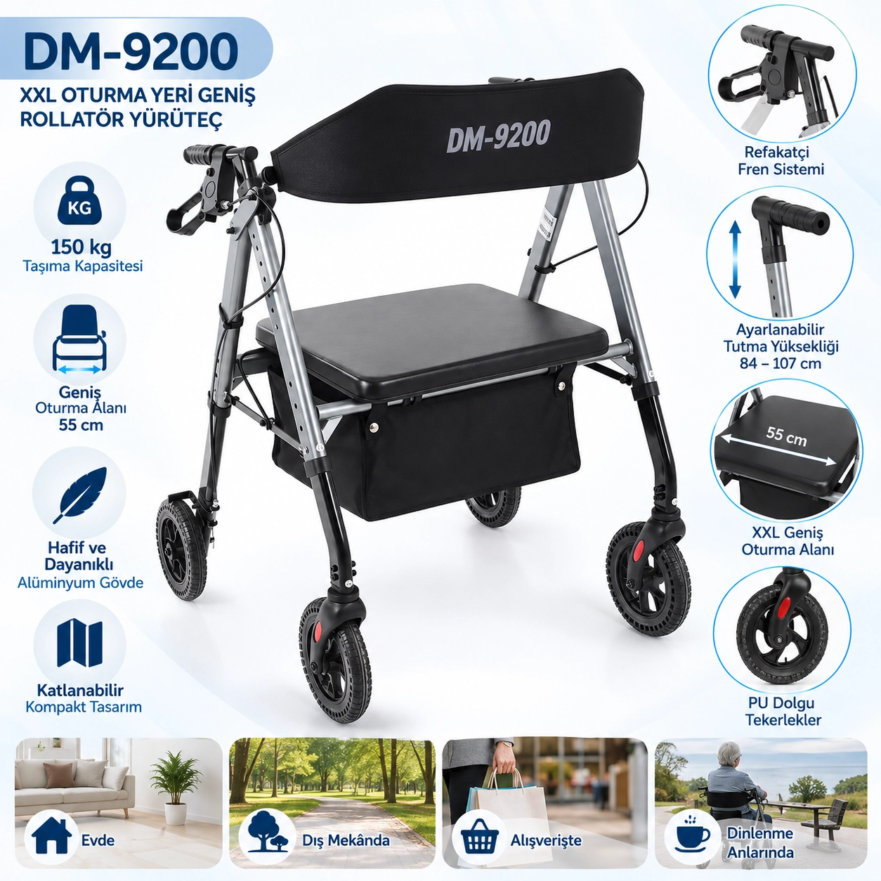 Comfort Plus DM-9200 XXL Oturma Yeri Geniş Rolatör Yürüteç