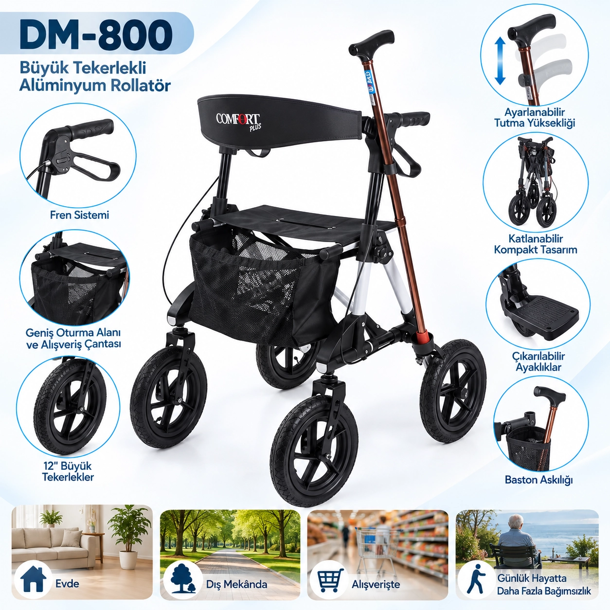 Comfort Plus DM-800 Büyük Tekerlekli Alüminyum Rolatör