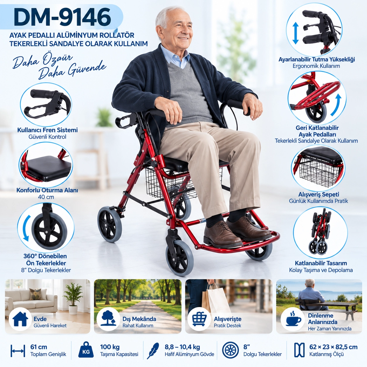 Comfort Plus DM9146 Ayak Pedallı Alüminyum Rolatör (Tekerlekli Sandalye Gibi Kullanma İmkanı)
