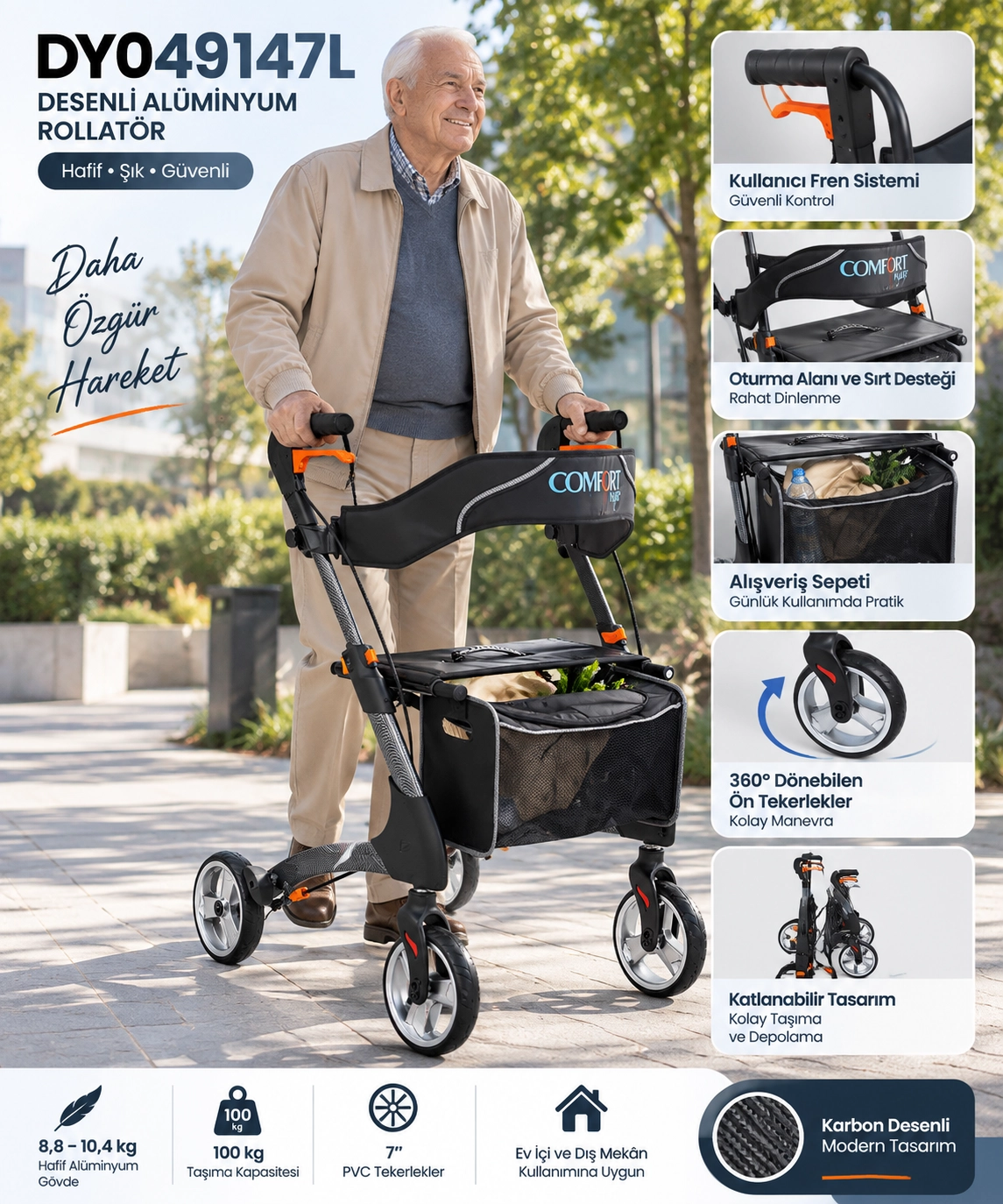 Comfort Plus DY049147L Desenli Aluminyum Rolatör (karbon desenli)