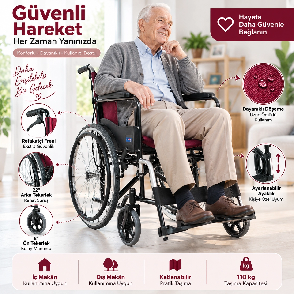 Comfort Plus KY809BJ Bordo Özellikli Tekerlekli Sandalye