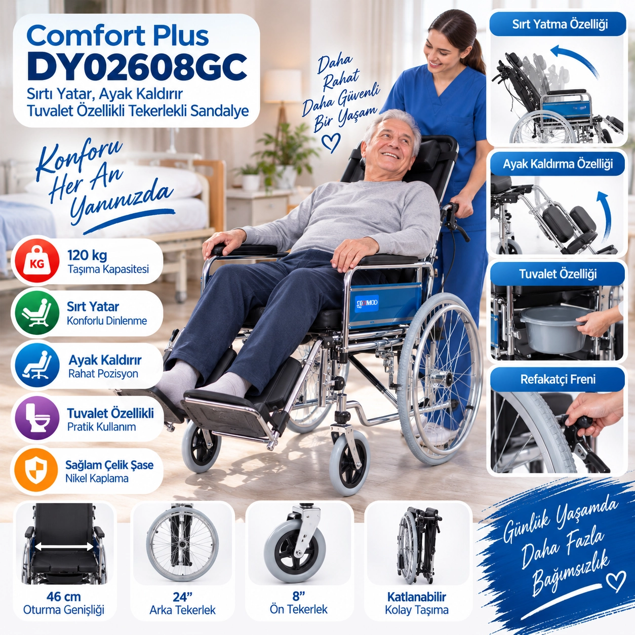 Comfort Plus KY608GC Sırtı Yatar Ayak Kalkar Tuvalet Özellikli Tekerlekli Sandalye