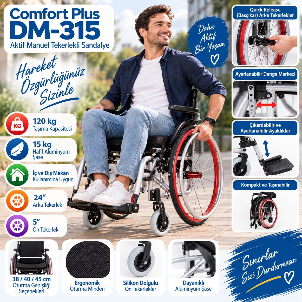 Comfort Plus DM-315 Active Hafif Manuel Alüminyum Tekerlekli Sandalye
