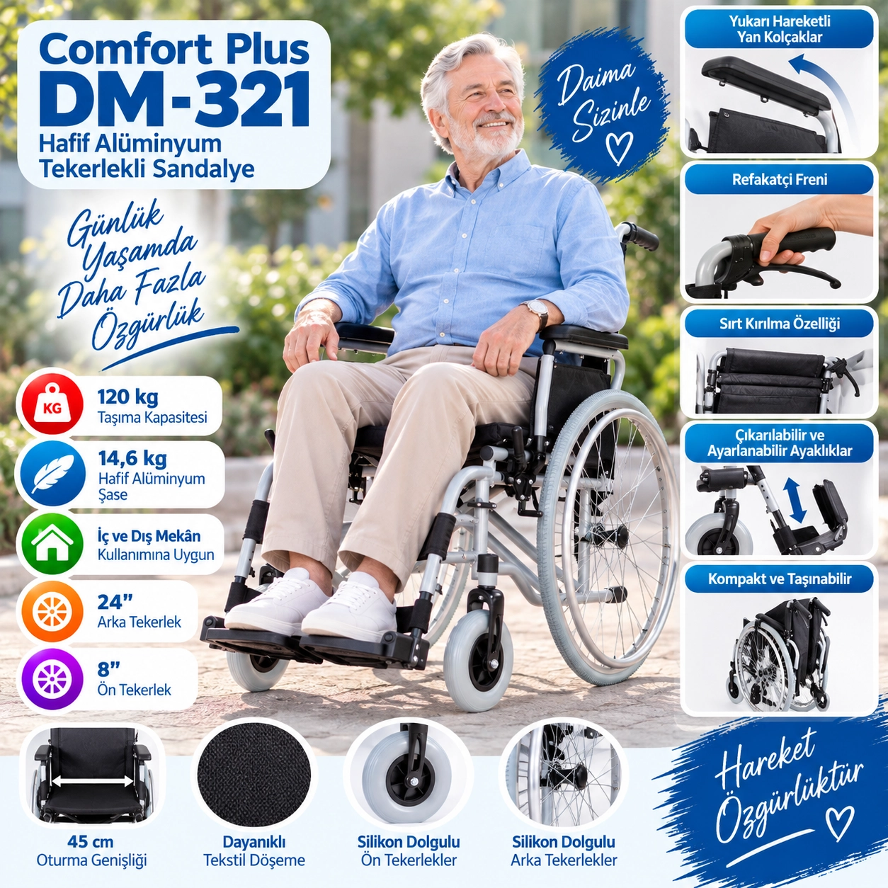 Comfort Plus DM-321 Hafif Alüminyum Özellikli Tekerlekli Sandalye