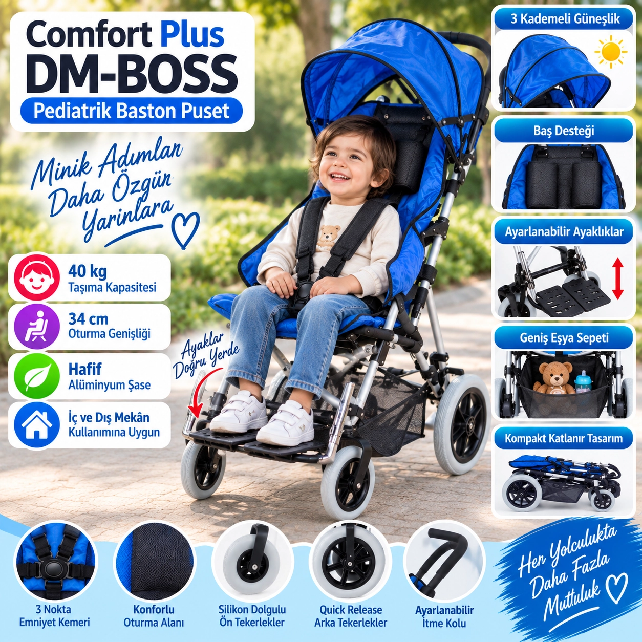 Comfort Plus DM-BOSS Mavi Engelli Pediatrik Baston Puset