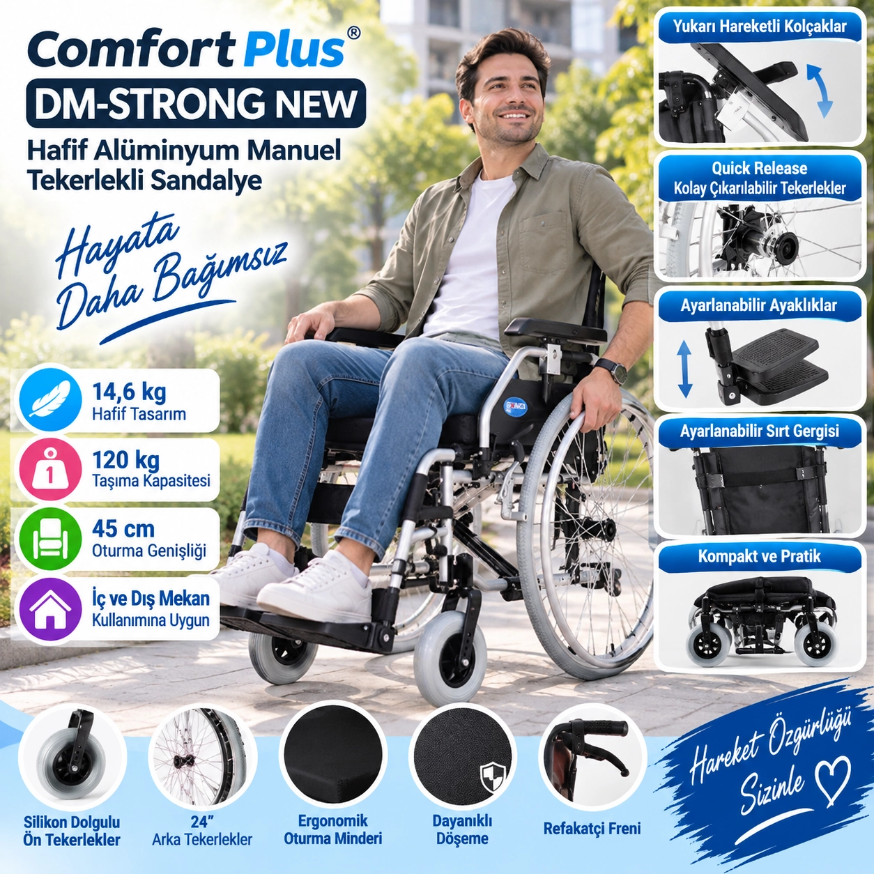 Comfort Plus DM-Strong New 45 cm Hafif Alüminyum Manuel Tekerlekli Sandalye