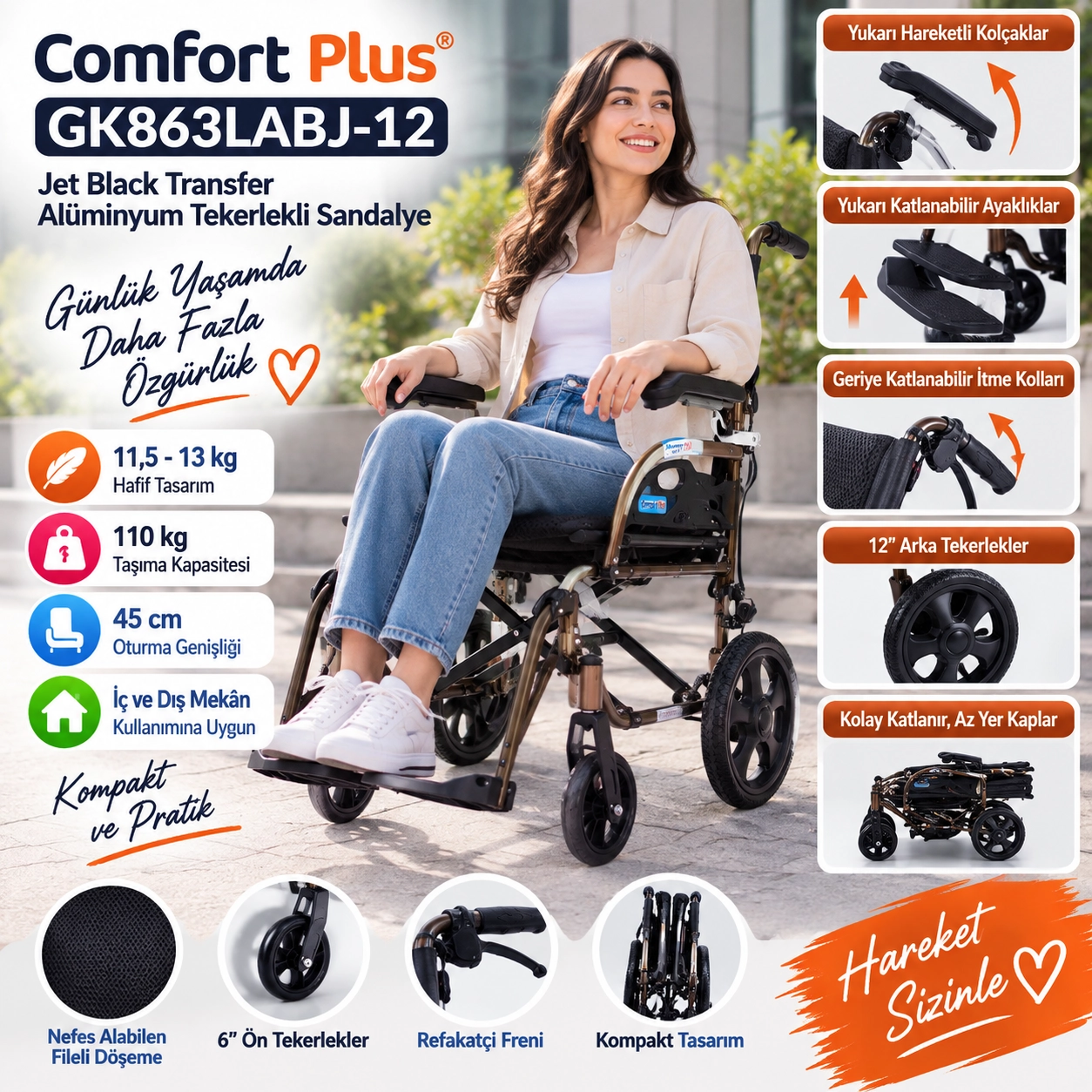 Comfort Plus GK863LABJ-12 Jet Black Transfer Alüminyum Tekerlekli Sandalye