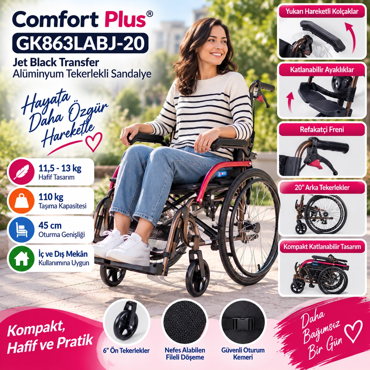 Comfort Plus GK863LAJ-20 Jet Black Transfer Alüminyum Tekerlekli Sandalye