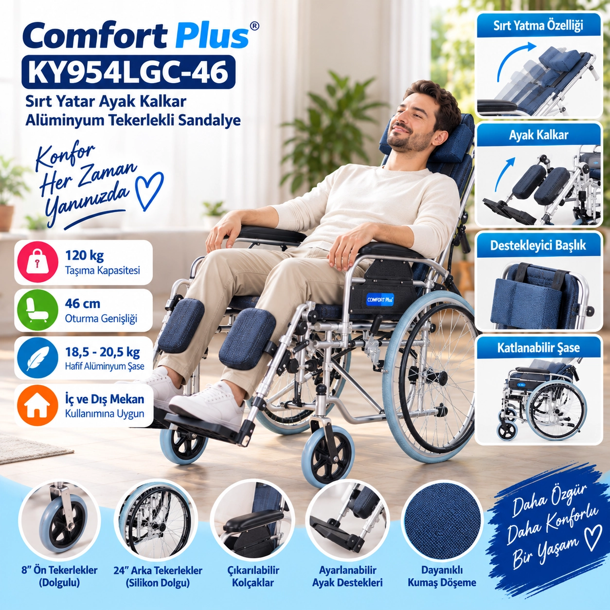 Comfort Plus KY954LGC-46 Alüminyum Özellikli Tekerlekli Sandalye