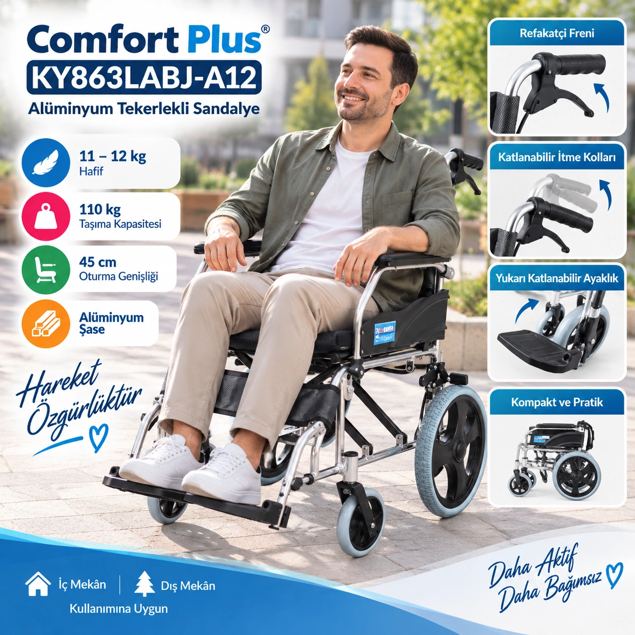 Comfort Plus KY863LABJ-A12 Alüminyum Transfer Özellikli Tekerlekli Sandalye Füme