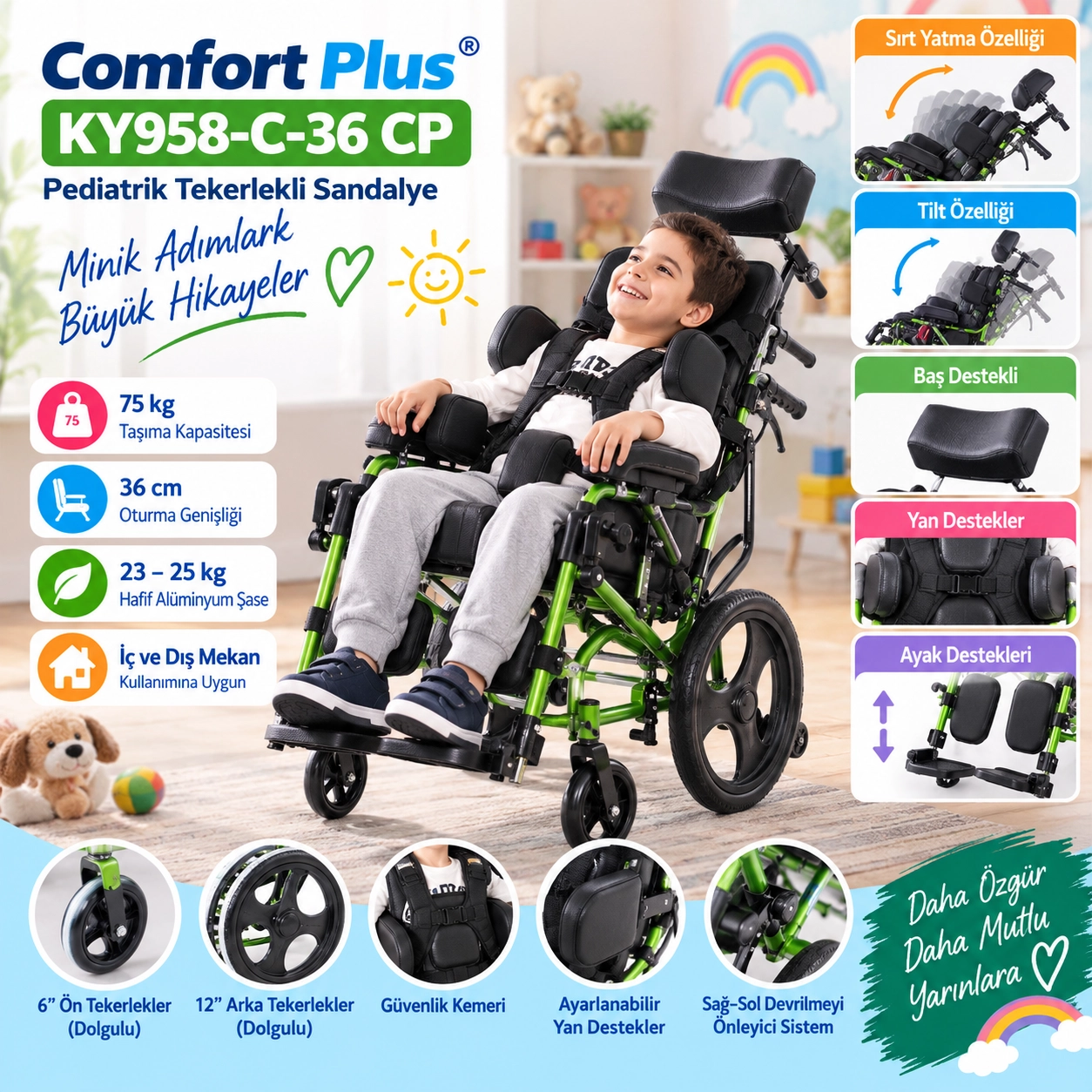 Comfort Plus KY958-C-36 CP Özellikli Pediatrik Tekerlekli Sandalye