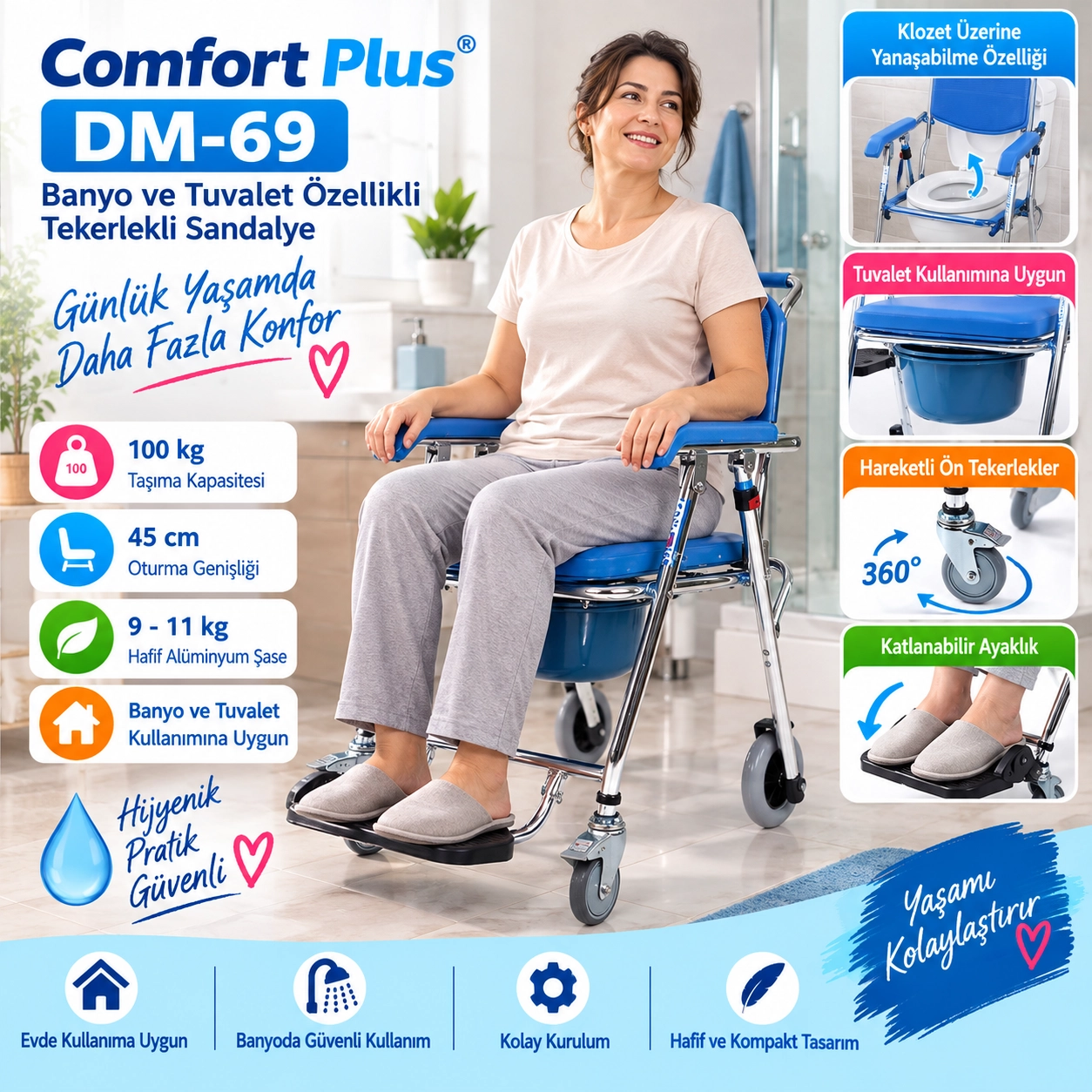 Comfort Plus DM-69 Banyo ve Tuvalet Özellikli Tekerlekli Sandalye