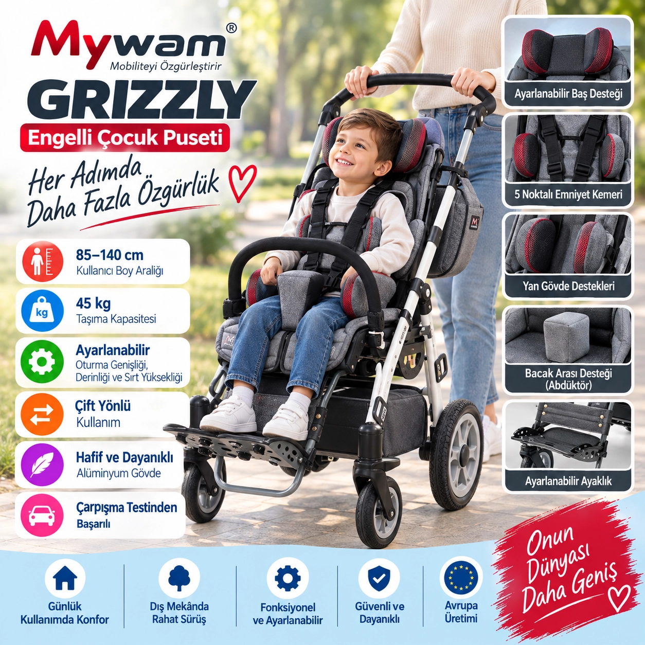 Mywam Grizzly Engelli Çocuk Puseti Full Aksesuarlı