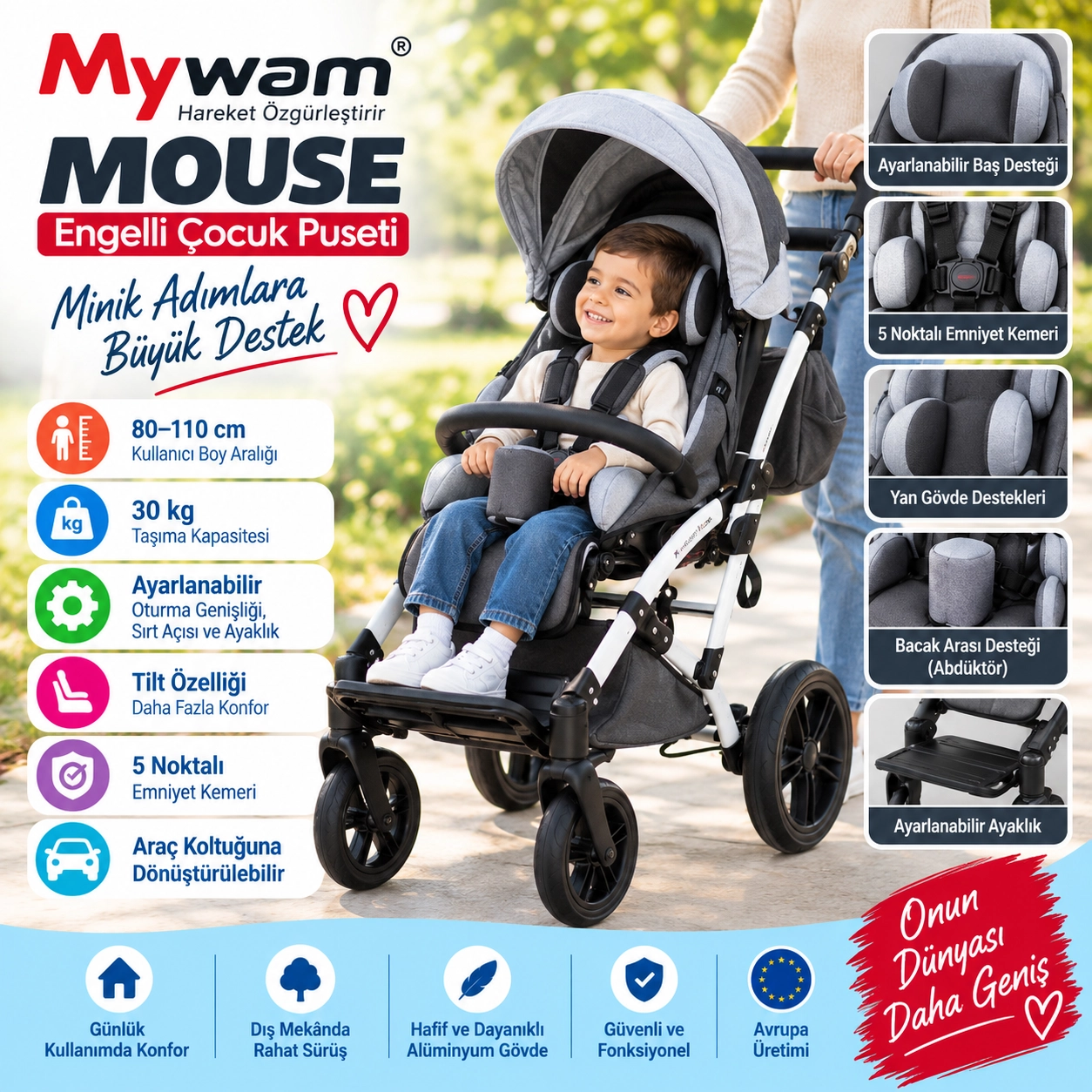 Mywam Mouse Engelli Çocuk Puseti Full Aksesuarlı