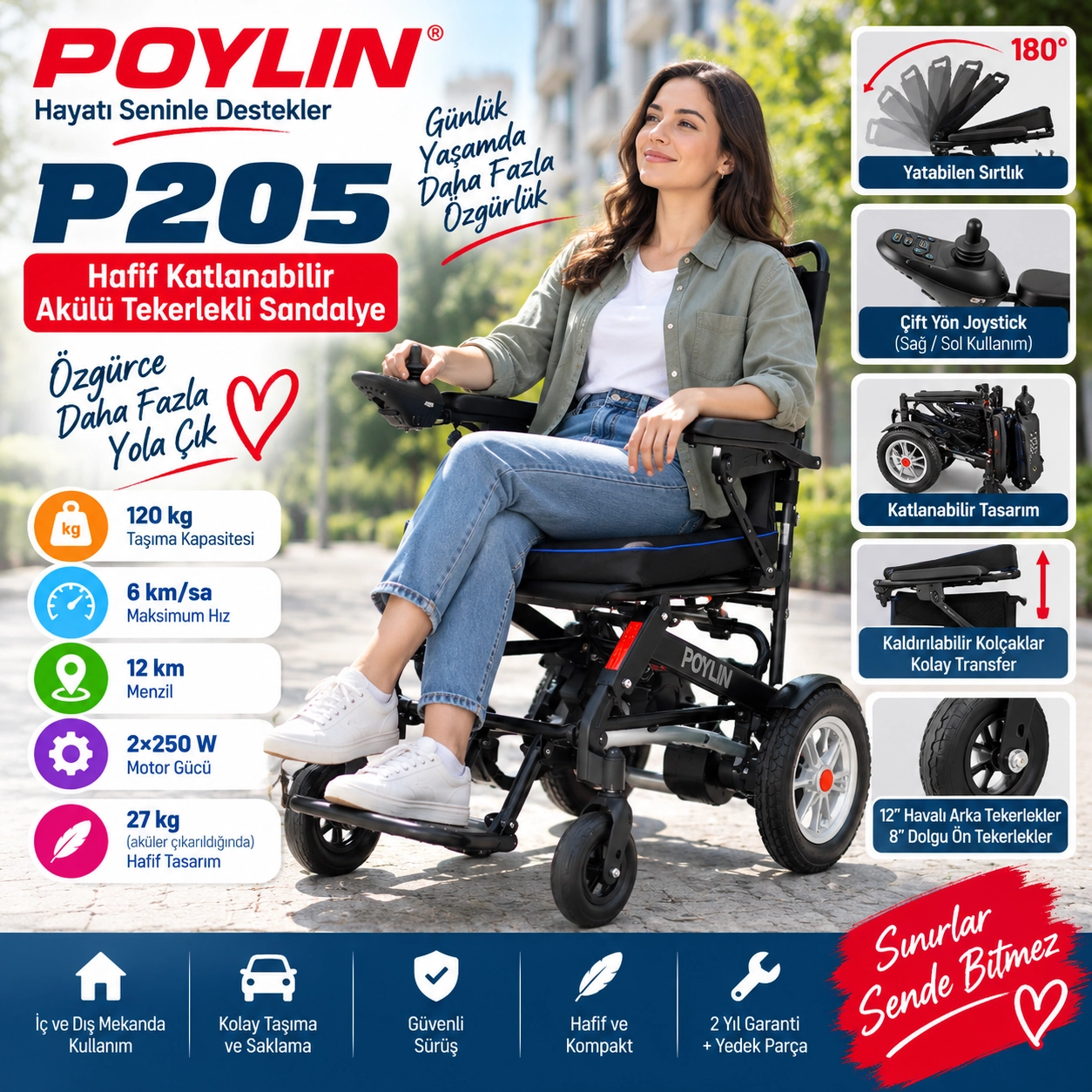 Poylin P205 Hafif Katlanabilir Akülü Tekerlekli Sandalye