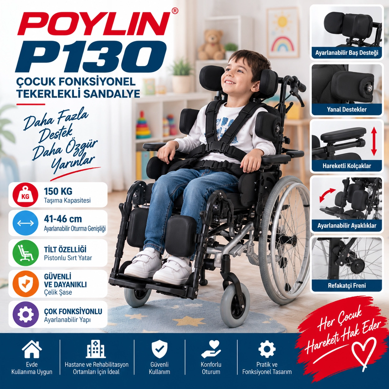 Poylin P130 Çocuk Multifonksiyonel Tekerlekli Sandalye