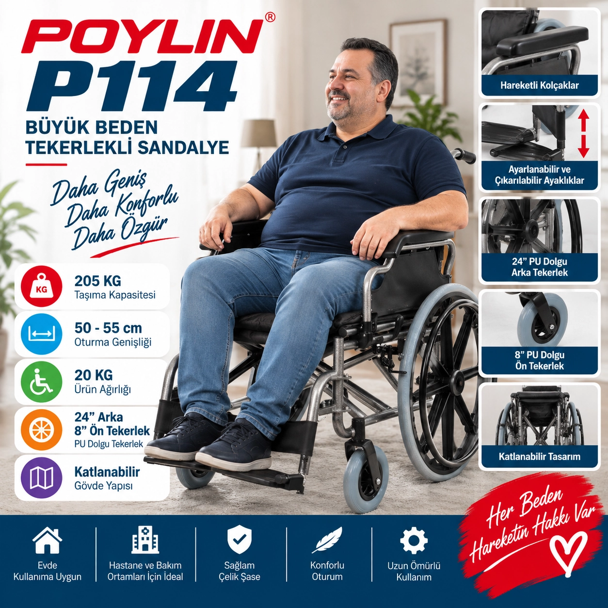Poylin P114 Büyük Beden Tekerlekli Sandalye