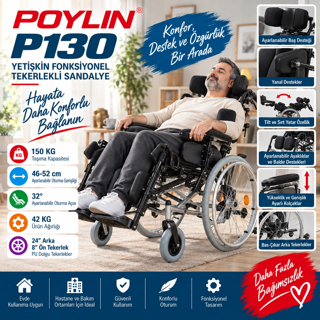Poylin P130 Yetişkin Multifonksiyonel Tekerlekli Sandalye
