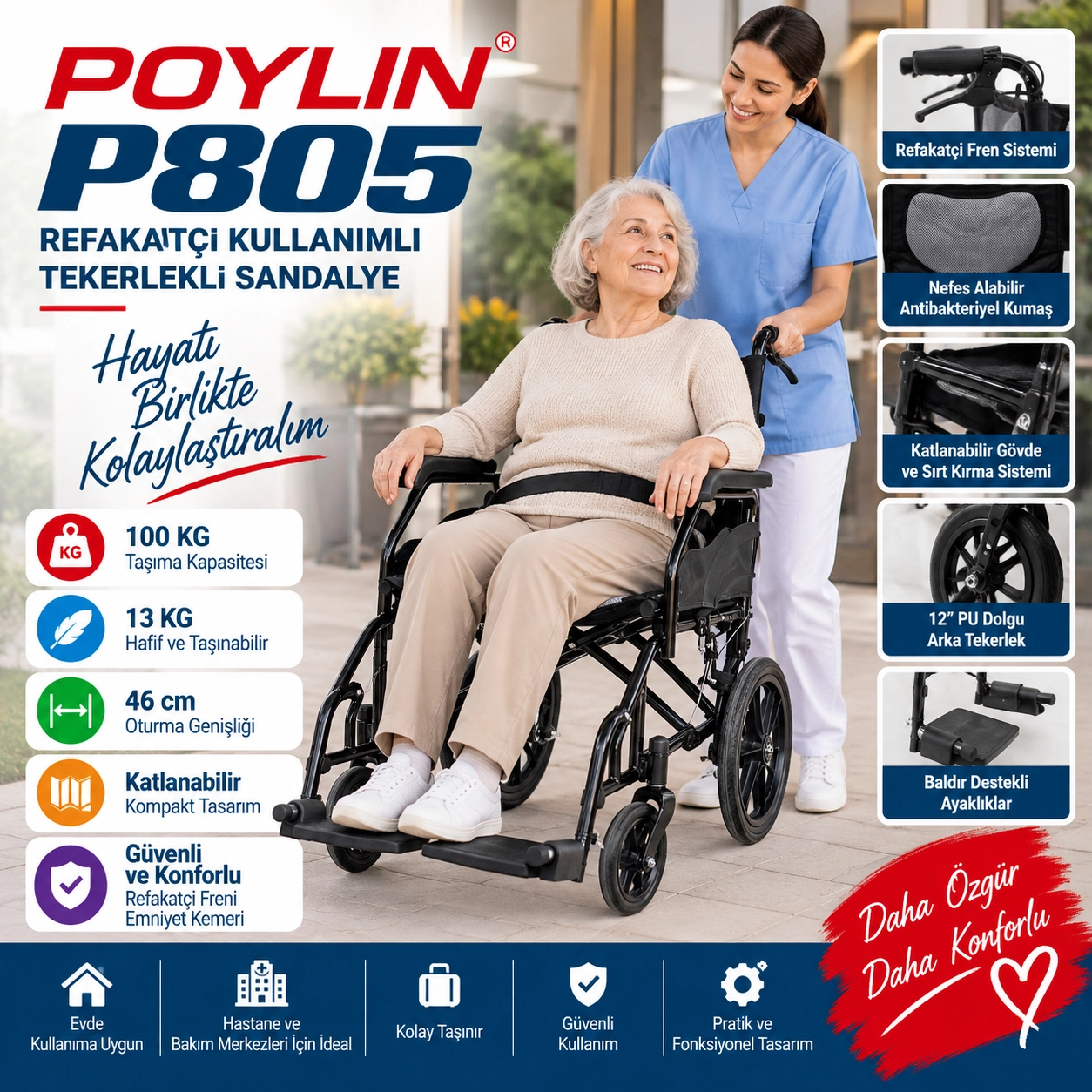Poylin P805 Refakatçi Tekerlekli Sandalye