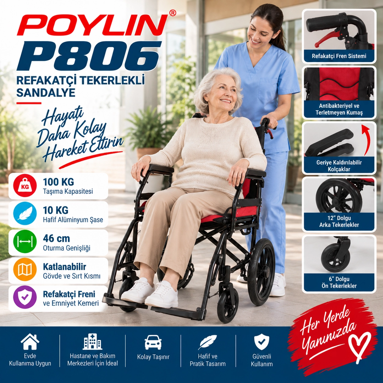 Poylin P806 Refakatçi Tekerlekli Sandalye