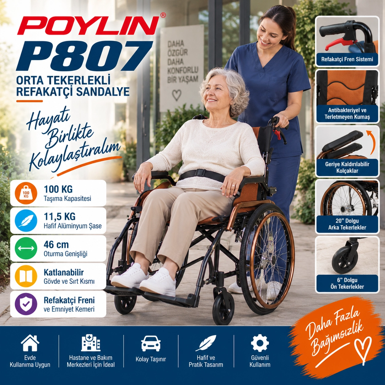 Poylin P807 Refakatçi Tekerlekli Sandalye