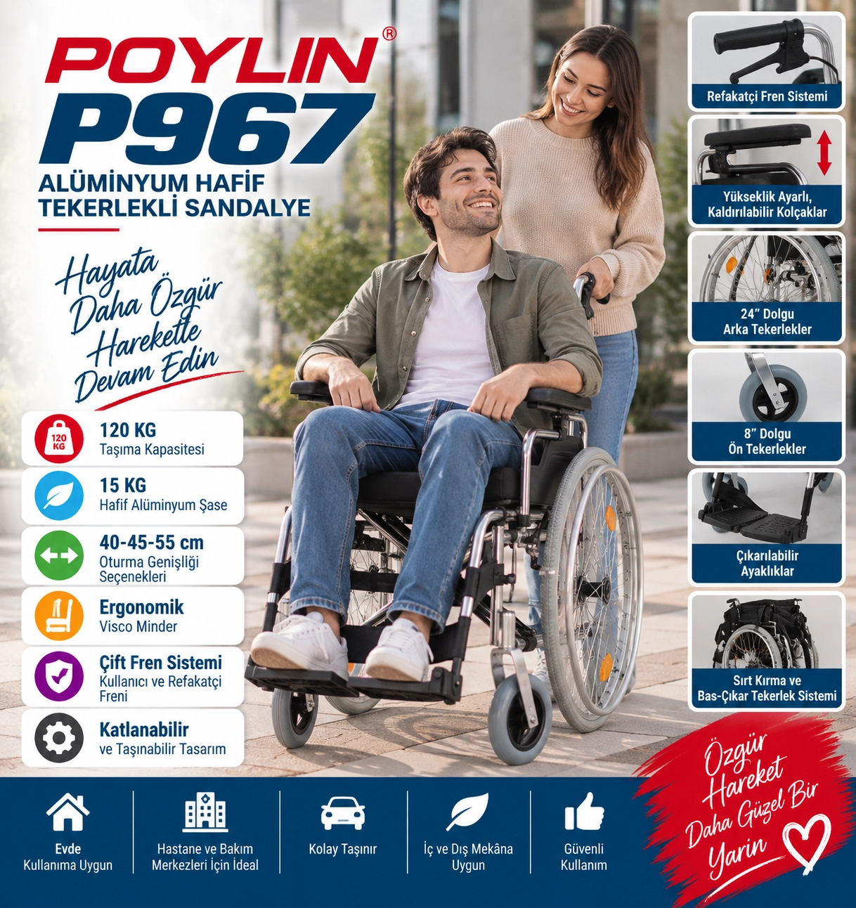 Poylin P967 Hafif Alüminyum Tekerlekli Sandalye