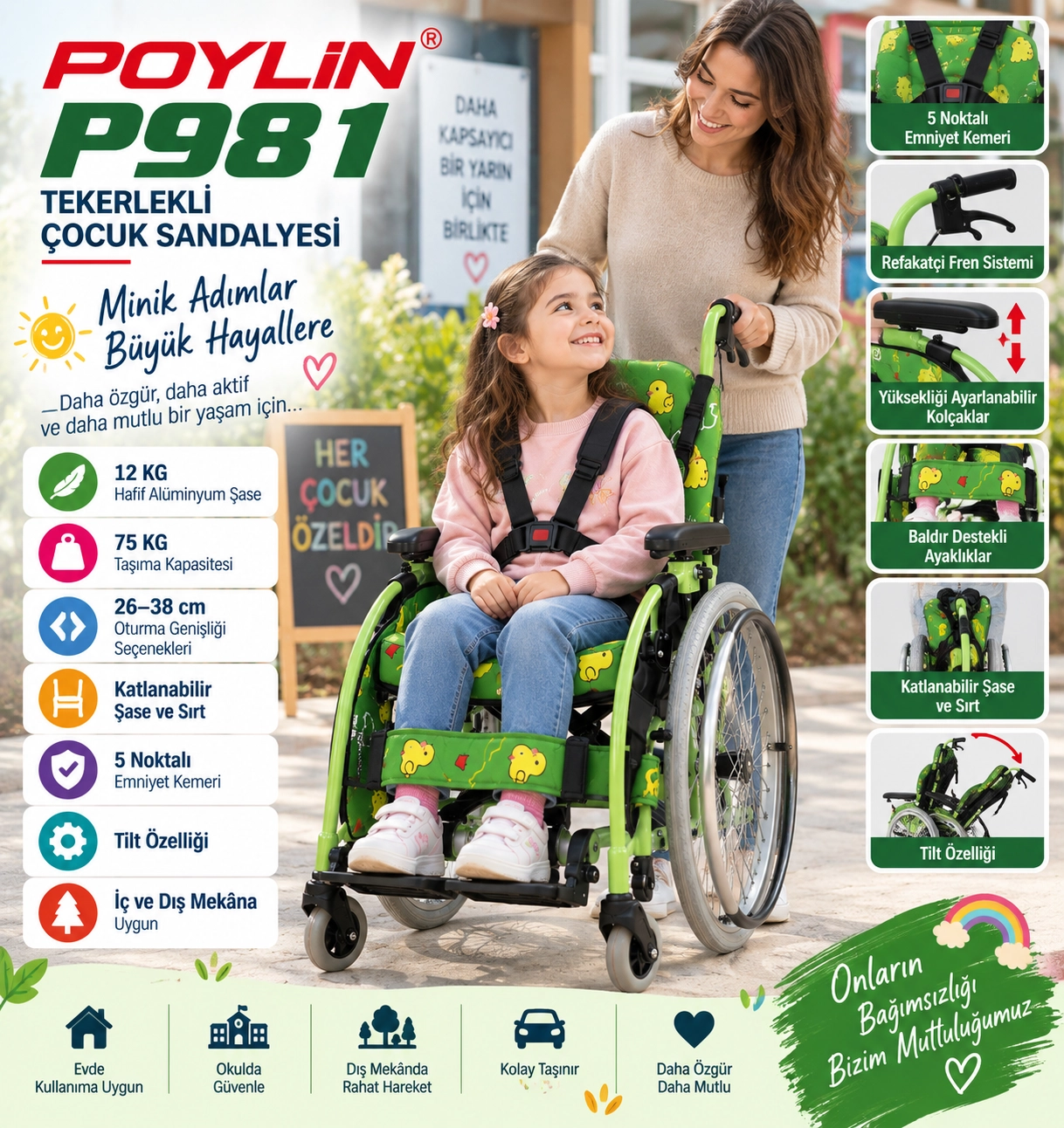 Poylin P981 Pediatrik Çocuk Tekerlekli Sandalyesi
