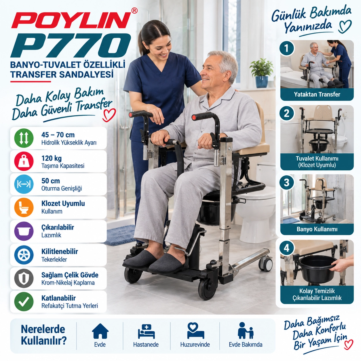 Poylin P770 Manuel Hidrolik Transfer Tuvalet Tekerlekli Sandalyesi