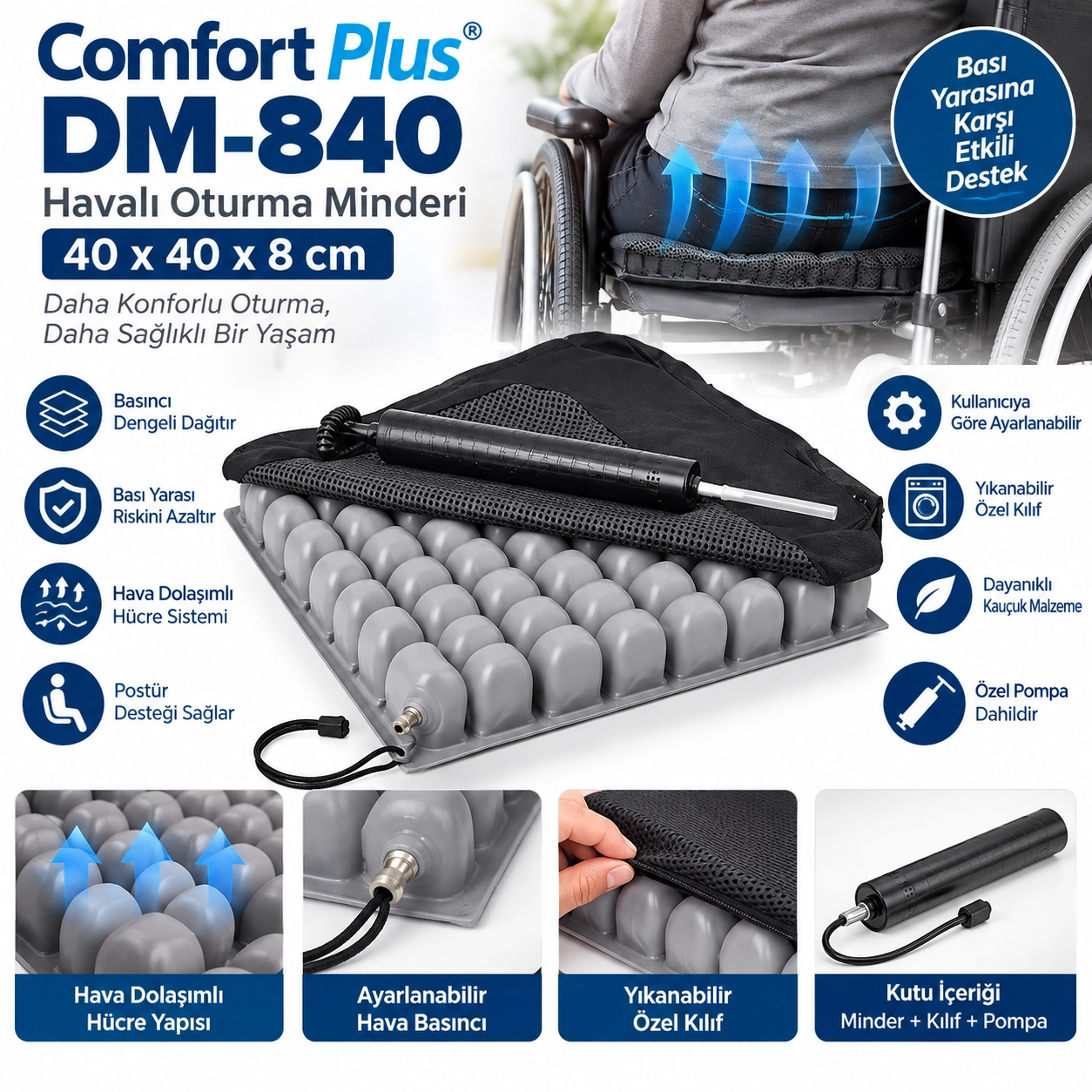 Comfort Plus DM-840 Havalı Oturma Minderi 40x40x8