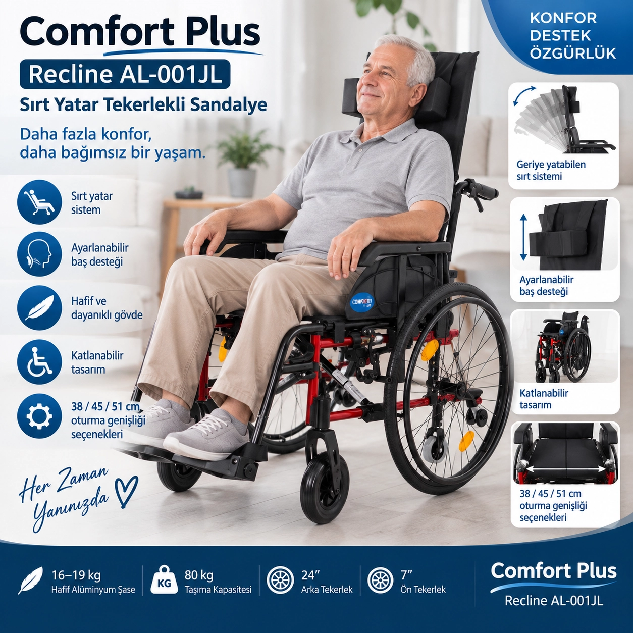 Comfort Plus Recline AL-001JL Sırt Yatar Tekerlekli Sandalye