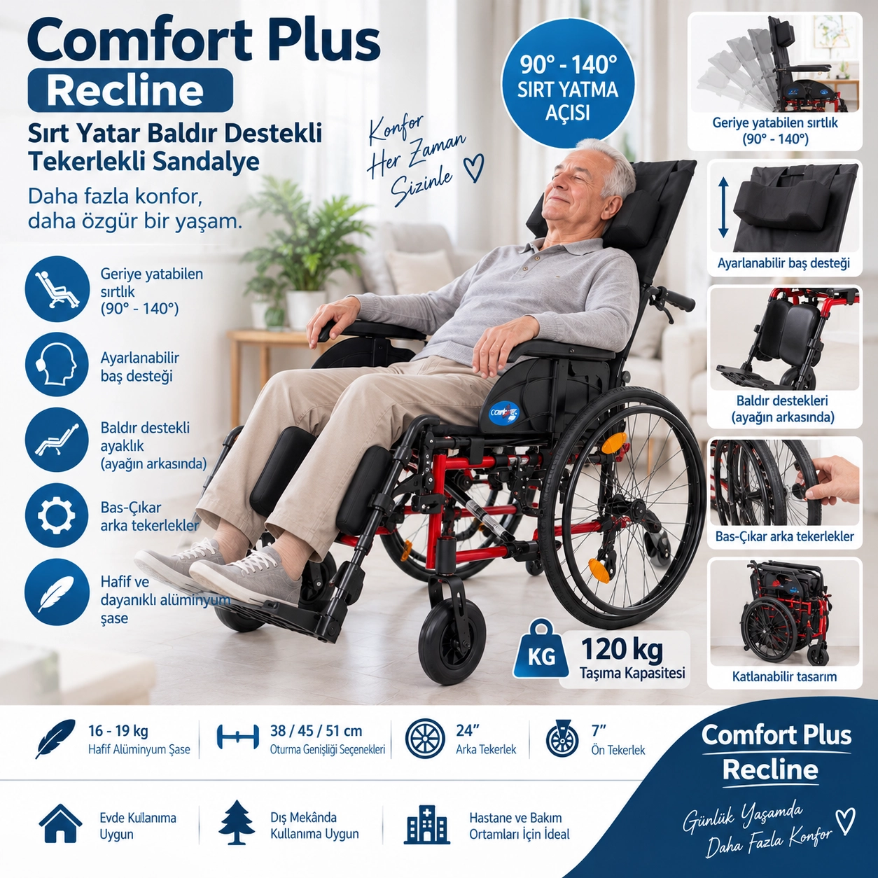 Comfort Plus Recline Sırt Yatar Baldır Destekli Tekerlekli Sandalye