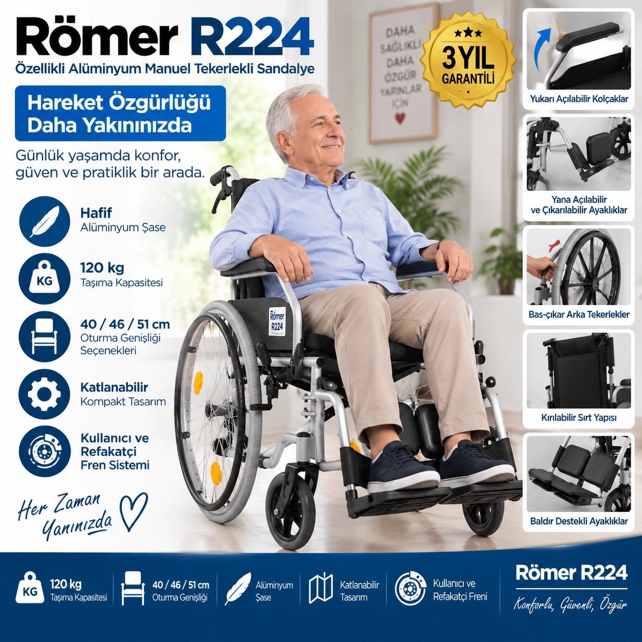 Römer R224 Özellikli Alüminyum Manuel Tekerlekli Sandalye