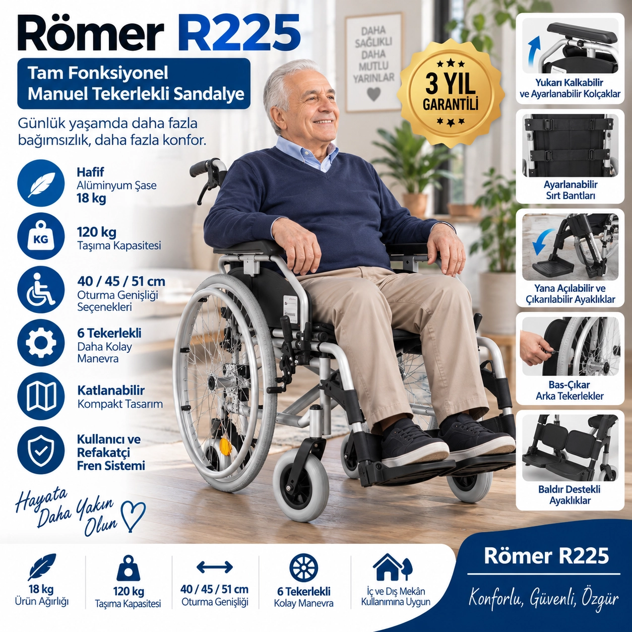 Römer R225 Lüx Özellikli Alüminyum Manuel Tekerlekli Sandalye