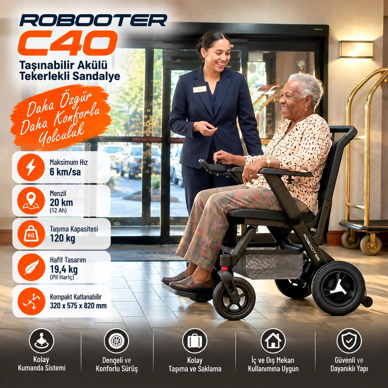 Robooter C40 Katlanabilir Akülü Tekerlekli Sandalye