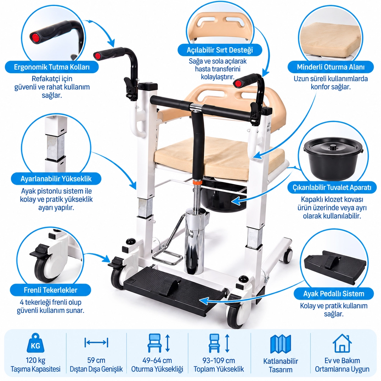 Comfort Plus DM-160 Tuvaletli Tekerlekli Sandalye (MANUEL) Ayak Pedallı