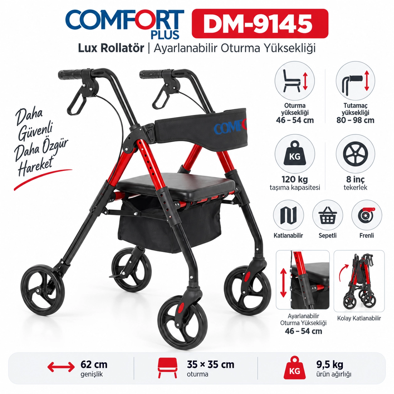 Comfort Plus DM-9145 Lux Rolatör Yürüteç (Oturma Yüksekliği Ayarlanır)