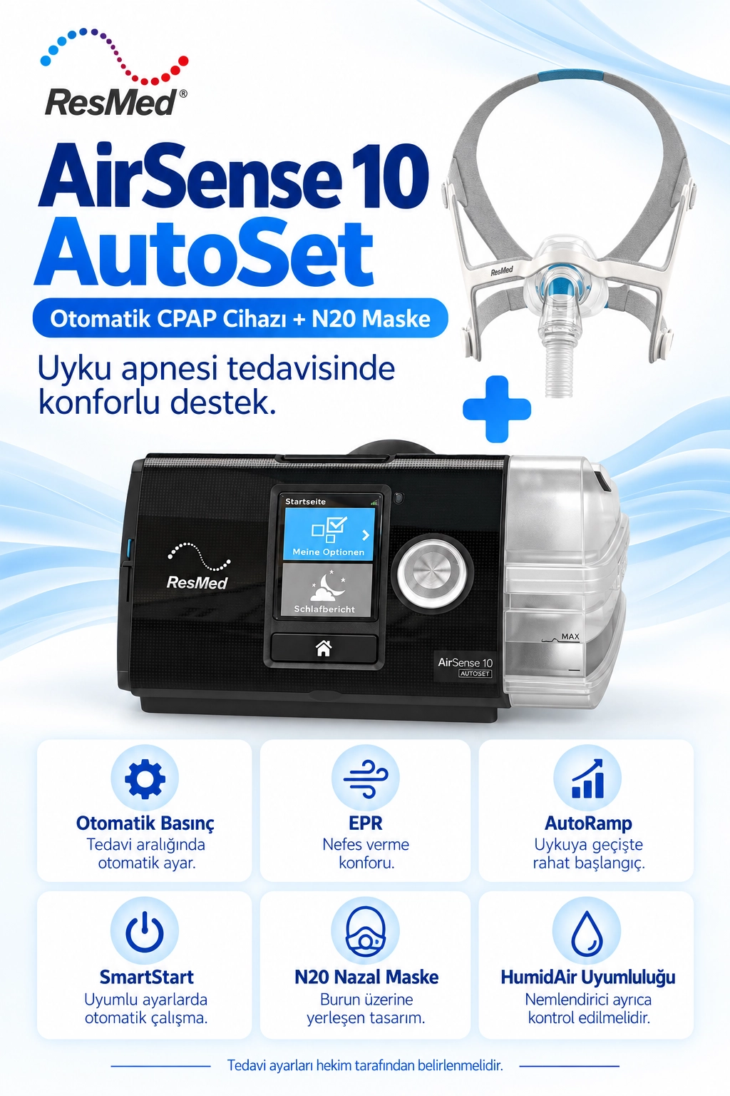 ResMed AirSense 10 AutoSet Otomatik CPAP Cihazı + N20 Nazal Maske