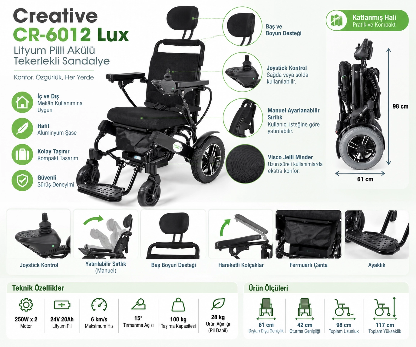 Creative CR-6012 Lux Lityum Pilli Akülü Tekerlekli Sandalye