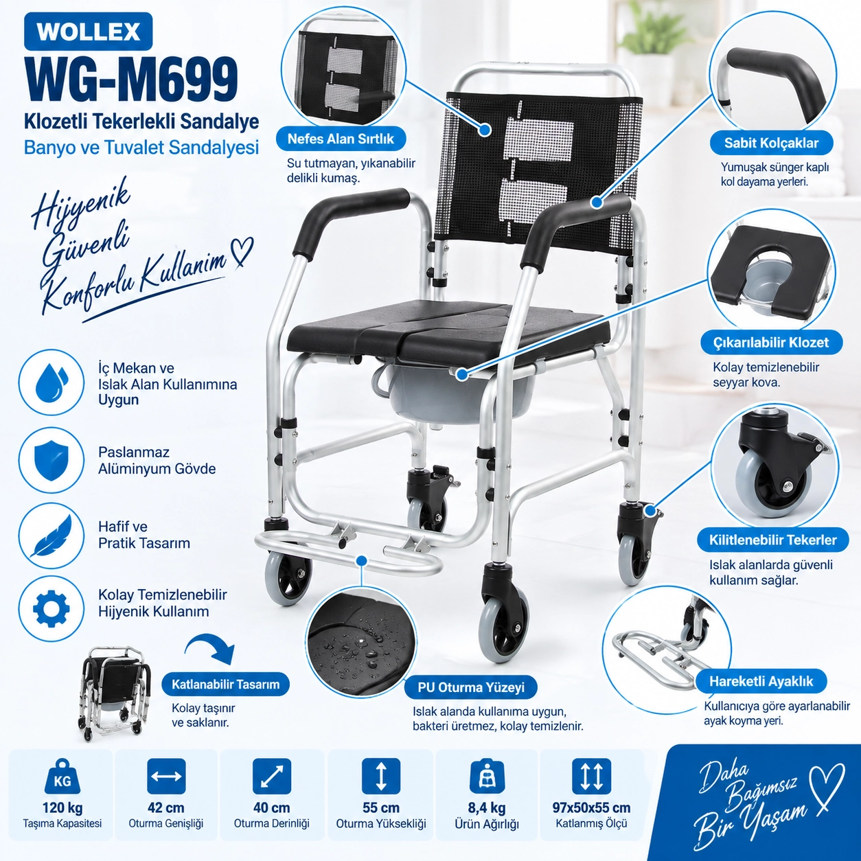 Wollex WG-M699 Klozetli Tekerlekli Sandalye