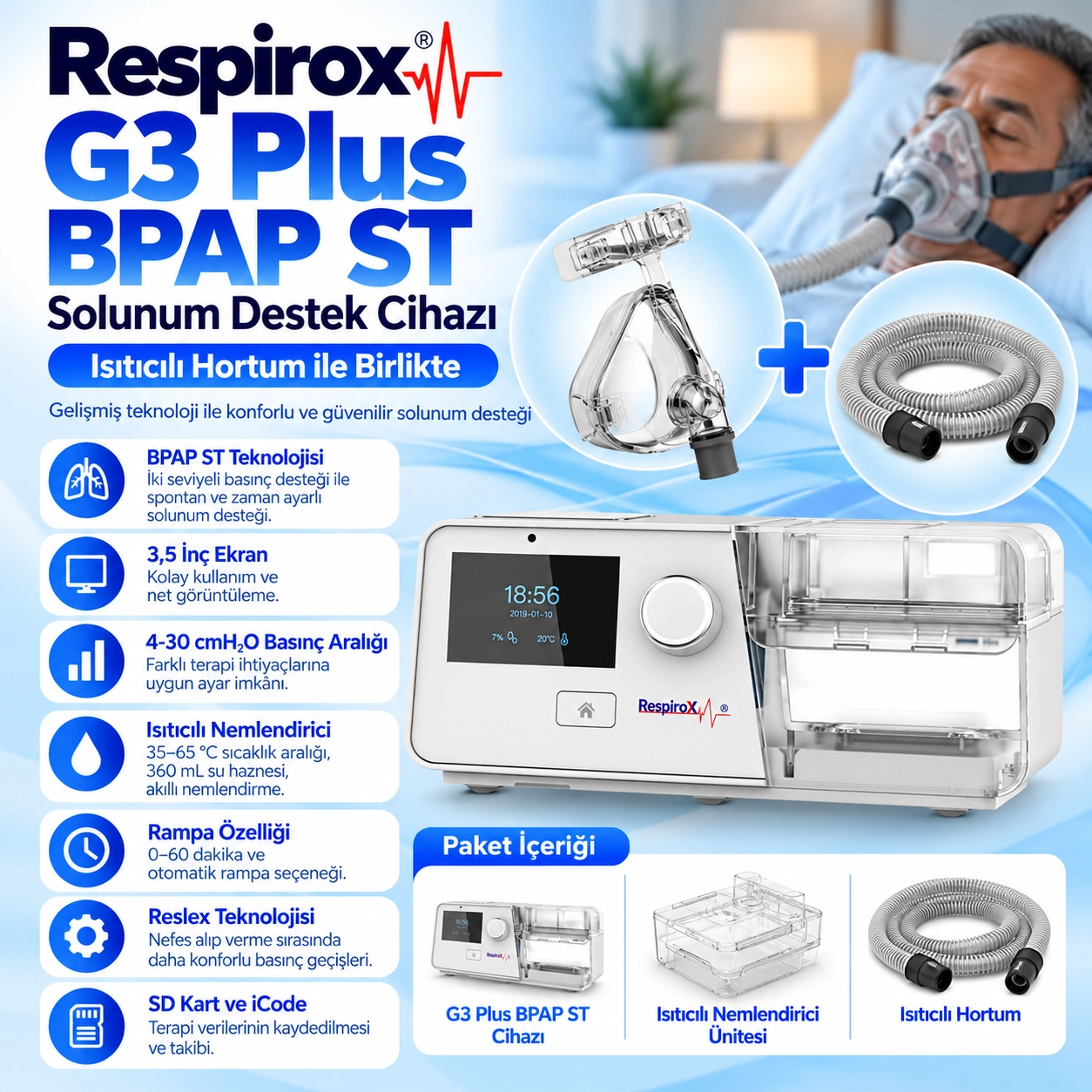 Respirox G3 Plus BPAP ST Cihazı – Isıtıcılı Hortum Dahil