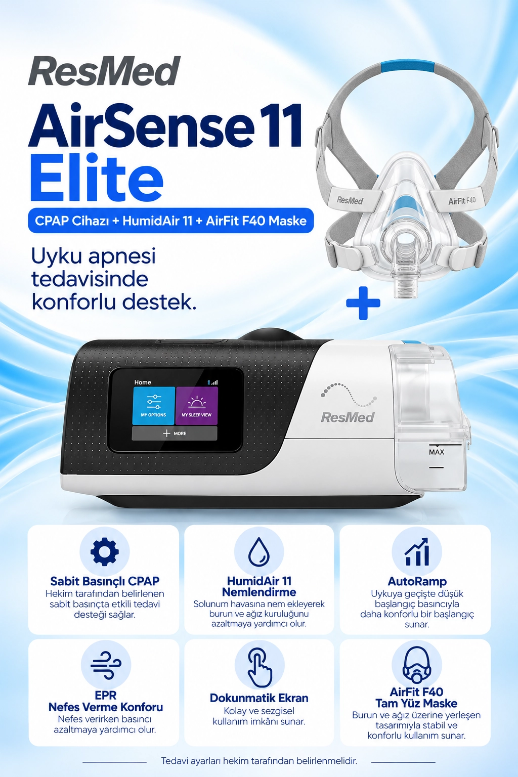 ResMed AirSense 11 Elite CPAP Cihazı + HumidAir Nemlendirici + F40 Maske